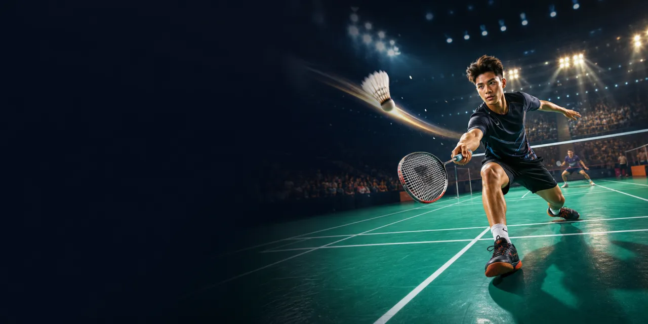 Badminton player competing on a vivid night court